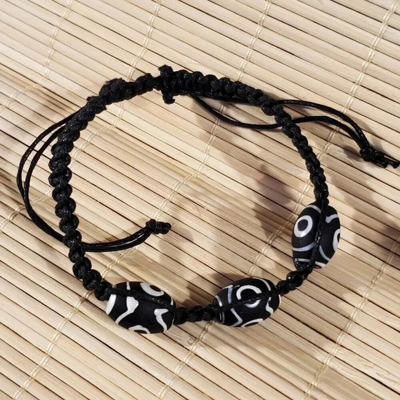 Tibetan Black White Dzi Glass Beads Macrame Adjustable Unisex Boho Ethnic Bracel - Picture 6 of 7